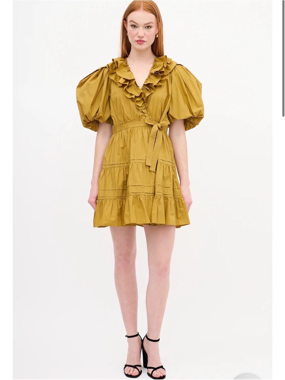 Ulla Johnson Mustard Ruffle Puff-Sleeve Mini Dress